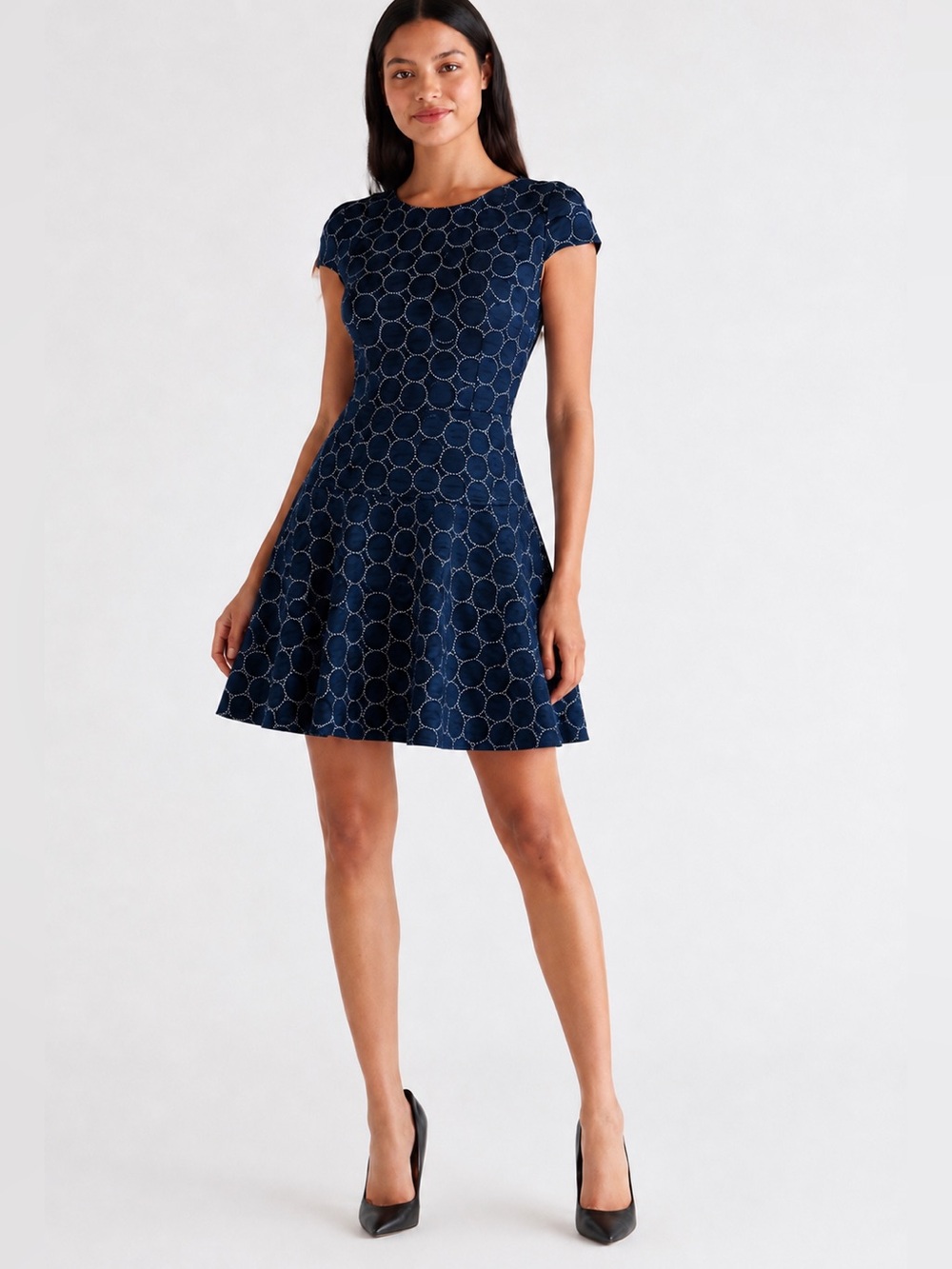 Julia Jordan Textured Fit & Flare Dress Navy Cap Sleeve Approx S
